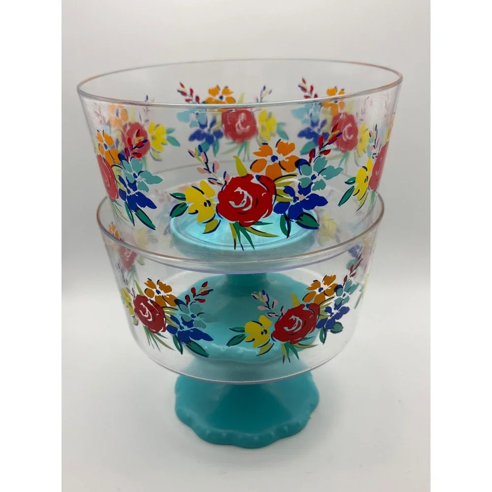 Pioneer Woman Birthday Floral Footed Snack Bowls Set of 2 Turquoise Melamine